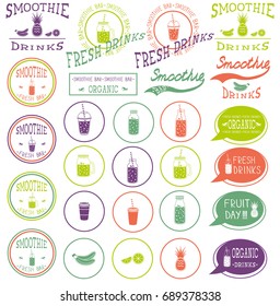 set of icons, logo, elements, symbols, emblems and labels  - smoothie, coffee to go, frappe, juice, fruits cocktail, lemonade,  mason jar, other fresh drinks, bottle. Multicolor and white.