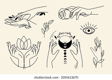 Set of icons and logo with female hands. One line vector illustration. Trend mystical and natural concept