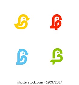 Set of icons or logo templates with little birds. Duck, sparrow, penguin and parrot isolated on a white background. Line art style