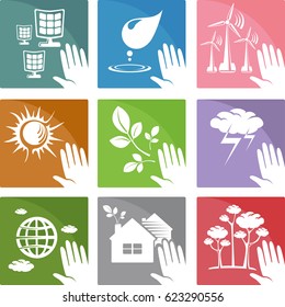 Set of icons and logos of alternative and clean sources of energy sun, wind and water, vector illustation