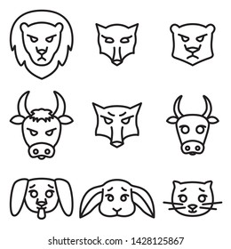 Set of icons or logos with domestic, wild and farm animals. Vector illustration in linear style.