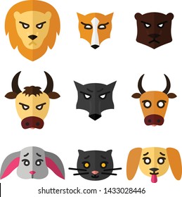 Set of icons or logos with domestic, wild and farm animals. Vector illustration in flat style.