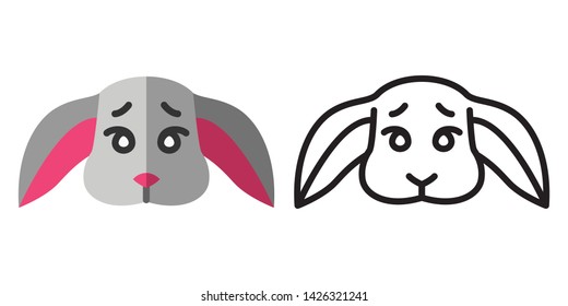 Set of icons - logos in linear and flat style. The head of a cute rabbit. Vector illustration