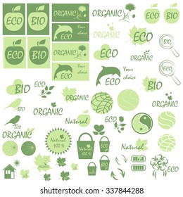 Set of icons and logos on the theme of natural products and environmental