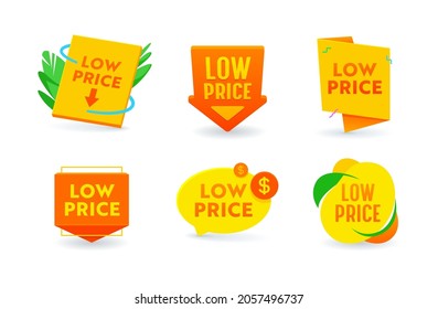 Set of Icons Low Price Promo Offer, Shopping and Sale Isolated Tags, Cost Reduction, Discount Label. Price Off Promotion, Rebate Sticker or Emblem Design Elements Collection. Vector Illustration