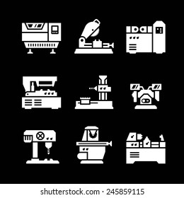 Set icons of machine tool isolated on black. Vector illustration