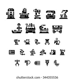 Set Icons Of Machine Tool, Robotic Industry Isolated On White. Vector Illustration