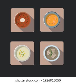 Satz von Symbolen in flach: Illustrationen von vier verschiedenen warmen Mahlzeiten, wie Borschtsch, Pilzsuppe, Meeresfrüchtesuppe, Maissuppe.
