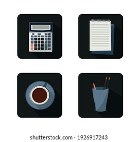 Satz von Symbolen in flach: für Illustrationen über den Arbeitsprozess. Inklusive Taschenrechner, Notebook, Bleistifte, Kaffee. 