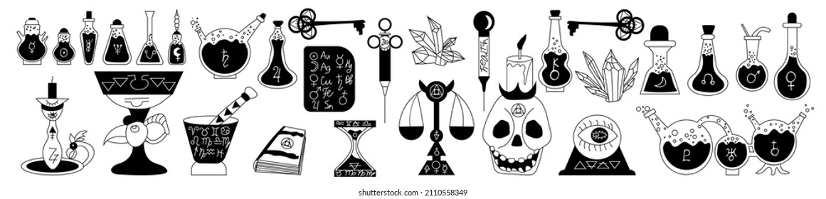 Set of icons of magic  tubes with alchemical signs, a magic ball, scales and other mystical objects are isolated on a white background. Horizontal vector illustration things for practicing alchemy.