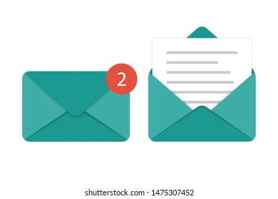 Set of icons Mail, E-mail. Opened and closed envelope. Online postal sign.Paper document enclosed in an envelope. New Message. Mail icon. Vector illustration.