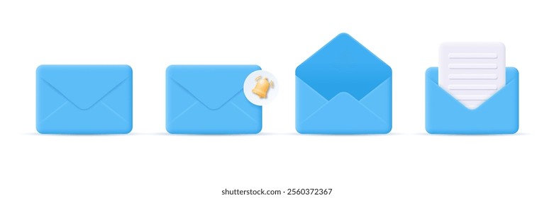 Set of icons of mail envelope in 3D style. Folded and unfolded envelope layout with documents and notification. Electronic and classic mail. Vector illustration.