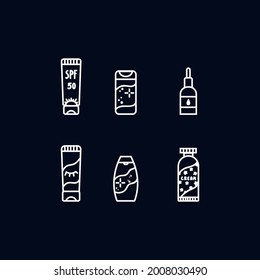 Set of icons with Makeup Tools for face care. Care cosmetics, cream tubes, masks, ointments. Linear icons for the spa salon. Vector illustration