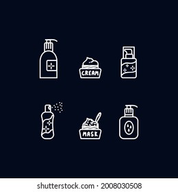 Set of icons with Makeup Tools for face care. Care cosmetics, cream tubes, masks. Vector illustration