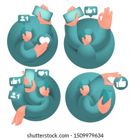 Set of icons with male cartoon 3d characters, having online communication with mobile phones in social network. Vector collection.