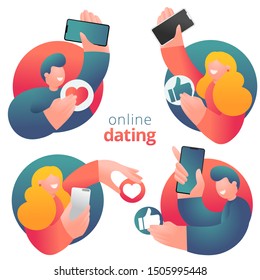 Set of icons of male and female cartoon characters in flat design having online dating. Vector illustration
