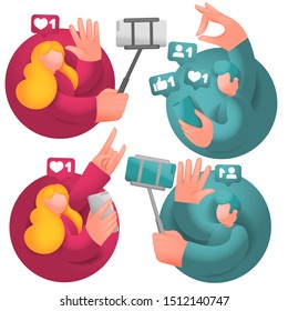 Set of icons with male and female cartoon 3d characters, having online communication with mobile phones in social network. Vector collection.