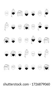 A set of icons, a man in a mask. Epidemic, vector graphics, simple figures, black and white, emotions, doctor, medicine