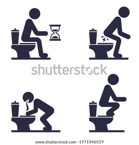 set of icons of a man sitting on the toilet. a man's stomach problem. flat vector illustration.