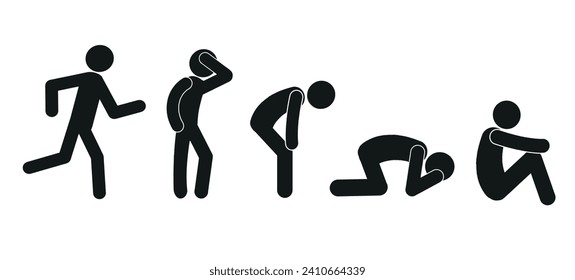 a set of icons of a man in various poses, an icon of a running man, a figure of a tired, sitting man, isolated on a white background