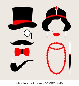 Set Icons Man And Woman Twenties Red And Beige