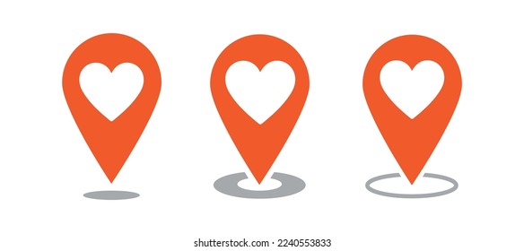 Set icons map pin icon, location pin vector icon, map pointer with heart icon.