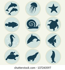 Set Of Icons Marine Life.