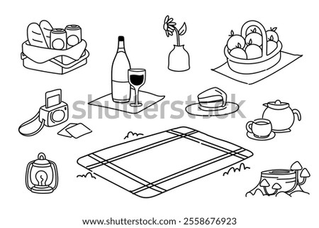 set of icons mat picnic camping doodle hand drawn vector illustrations