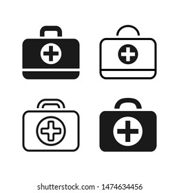 Set of icons of medical bags in flat style isolated over white background. First aid or medical kit. Ambulance case. Black icons and contour icons. Vector illustration