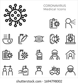 Set Icons Medical and Coronavirus. Vector thin line icon illustration