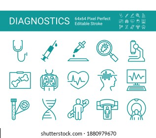 Set of icons of medical diagnostics. Editable vector stroke. 64x64 Pixel Perfect.