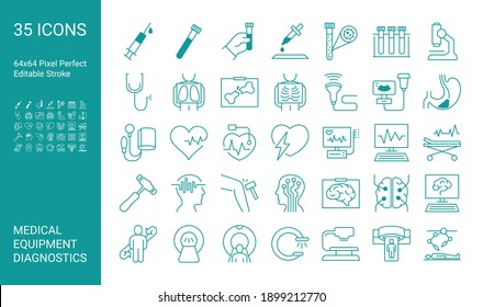 Set of icons of medical diagnostics and equipment. Stethoscope, Mri scanner, ultrasound, x-ray, endoscopy, tonometer. Editable vector stroke. 64x64 Pixel Perfect.