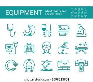 Set of icons of medical equipment. Stethoscope, Mri scanner, ultrasound, x-ray, endoscopy. Editable vector stroke. 64x64 Pixel Perfect.