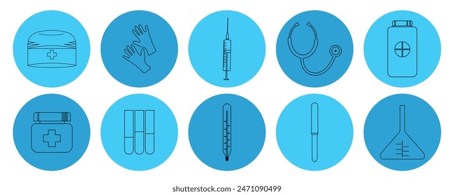 Set of icons of medical instruments. Medical kit. Design element of medical products and services, posters, banners, websites, mobile applications. Vector illustration 