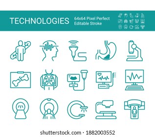 Set of icons of medical modern medical technologies. Medical equipment. Editable vector stroke. 64x64 Pixel Perfect.