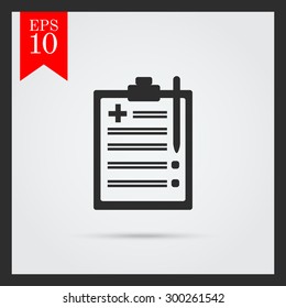 Set of icons with medical report on clipboard, with text on green ribbon