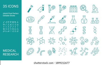 Set of icons of medical research. Thin line icon of dna, medicine, science test, lab, test tube. Editable vector stroke. 64x64 Pixel Perfect.