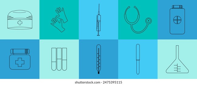 Un conjunto de iconos de suministros médicos. Artículos de atención médica. Para el diseño de servicios médicos, Anuncios, carteles, redes sociales, Sitios web. Diseño de Vector.