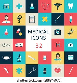 Set icons medical tools and healthcare equipment, science research and health treatment service. Modern design