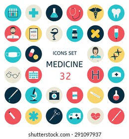 Set Icons Medical Tools And Healthcare Equipment, Science Research And Health Treatment Service.