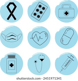 Set of icons for the medicine theme in line art style on a blue background. Vector.