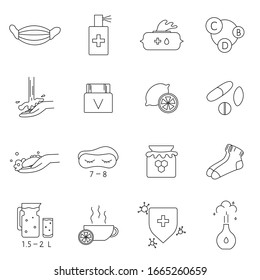 Set of icons medicine, virus protection, treatment, prevention of viral diseases, health, health care. Icons in a linear style.