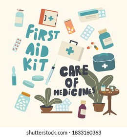 Set of Icons Medicines Care, Health, Drugs Safety and Comfortable Storage, First Aid Kit Theme. Pills Packed in Blister, Bottles and Boxes, Syringe, Ampoule and Tablets. Linear Vector Illustration