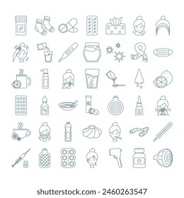 Set of icons medicines cold or flu, fever. Pills, tablets, sprays, drops, for fever, viral diseases. Prevention of sickness, treatment  allergy. Signs medical healthcare. Isolated vector illustrations