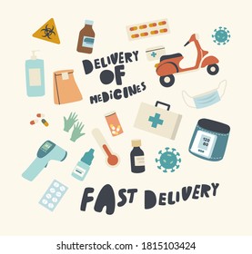 Set of Icons Medicines Delivery Service Theme. Scooter, Medical Box and Thermometer with Drugs in Blister and Bottles. Bio Hazard Sign, Medical Mask and Gloves, Virus Cell. Linear Vector Illustration