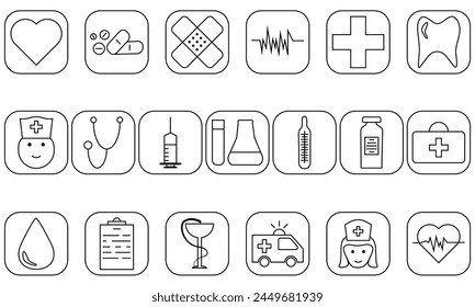 Set of icons with medicines, tools and equipment