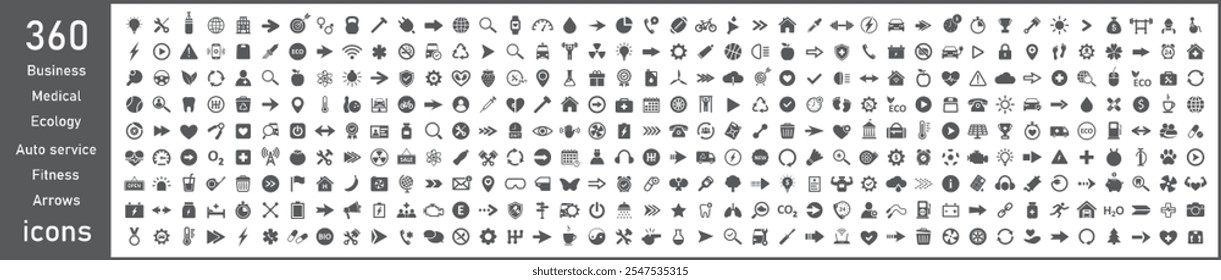 Conjunto de iconos, mega colección 360 iconos. Negocios, fitness, médicos, deporte, ecología, comida, servicio de automóviles, finanzas, flechas. Vector.