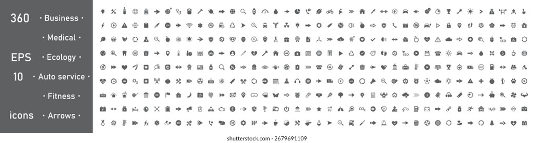 Set of icons, mega collection 360 icons. Business, fitness, medicals, sport, ecology, food, auto service, finance, arrows. Vector.