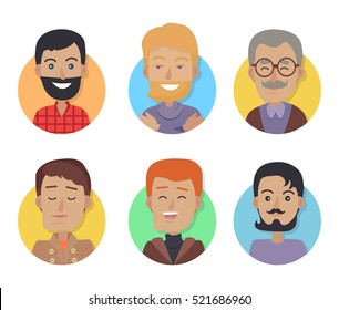 Set of icons of men with different color of hair and clothes isolated on white background. Men with beards and mustaches. Male of all ages avatars. Vector illustration in flat style design