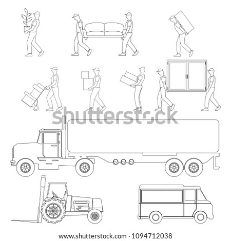 set of icons of men movers and trucks, vector illustration, line art